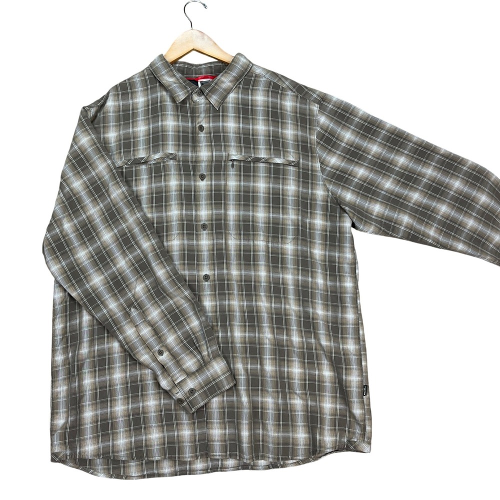 The North Face Button Down‎ Shirt Mens XL Brown Plaid Long Sleeve Zip Pocket EUC